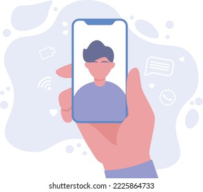 Mano sosteniendo el smartphone con la cara del hombre en la pantalla. Foto, chat en línea, conceptos de videollamadas. Diseño moderno y plano. Ilustración vectorial