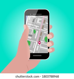  hand holding smartphone with map and GPS pointer on its screen. Mobile gps navigation and tracking concept. Vector cartoon illustration. Location tracking app on smartphone