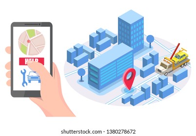 Hand holding smartphone with map, help button, isometric city road, tow truck evacuator with auto, vector illustration. Online roadside assistance, car towing service mobile app concept for web banner