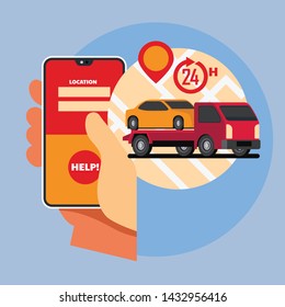 Hand holding smartphone with map, help button, Online roadside assistance, car towing service mobile app concept