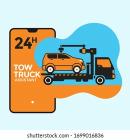 Hand holding smartphone with map, help button, Online roadside assistance, car towing service mobile app concept
