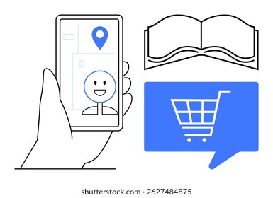 Hand holding a smartphone with a map and location pin, smiling face icon, open book illustration, shopping cart symbol in speech bubble. Ideal for navigation apps, online shopping, digital learning