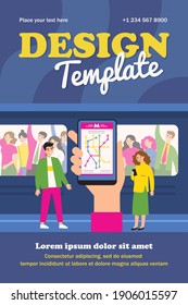 Mano sosteniendo un smartphone con un mapa del metro. Ilustración de los vectores planos del tren, la multitud, el teléfono. Concepto de transporte y navegación para banner, diseño de sitios web o página web de aterrizaje
