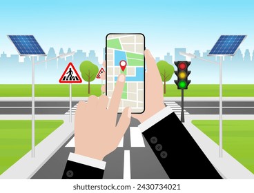 Hand Holding Smartphone with Map Navigation Application. Map GPS Navigation. Vector Illustration. 