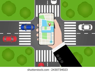 Teléfono inteligente de mano con aplicación de navegación de mapas. Navegación GPS de mapas. Ilustración vectorial. 