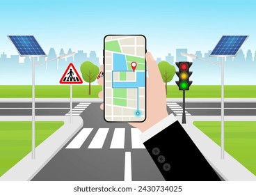 Hand Holding Smartphone with Map Navigation Application. Map GPS Navigation. Vector Illustration. 