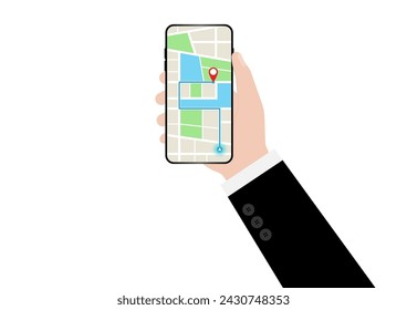 Hand Holding Smartphone with Map Navigation Application. Map GPS Navigation. Vector Illustration. 
