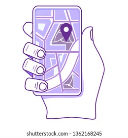  Hand holding smartphone with map on screen. Concept of mobile city navigation location mark. Icon GPS flat outline illustration vector.Mobile navigator applications.Isolated on a white background.