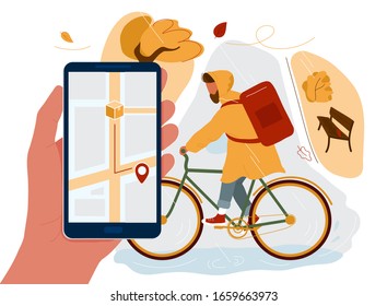 Hand halten Smartphone mit Karte auf dem Bildschirm und Kurier mit großem Rucksack Rad im Herbstpark im Regen auf dem Hintergrund. Flache trendige Zeichengrafik.