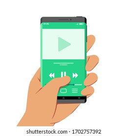 Hand Holding Smartphone With Media or Audio Player Application on Its Screen, Flat Design Style Illustration