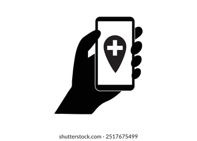 A hand holding a smartphone with a medical location pin icon on the screen, symbolizing healthcare navigation or finding medical services through apps.