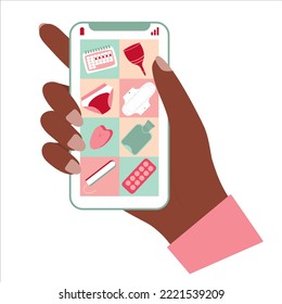 Hand holding smartphone for menstruation control. menstrual menu on the phone. Menstruating health cycle. Menstruation concept. Flat vector.