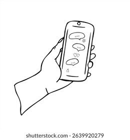 Hand holding smartphone with message bubbles, heart, sun on the screen minimalist black and white vector illustration. Online communication graphic sketch for UI, UX design, social media, chat app.