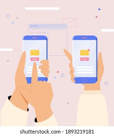 Hand holding smartphone with message or email notification, envelope icon and send button. Vector illustration for infographic, apps design