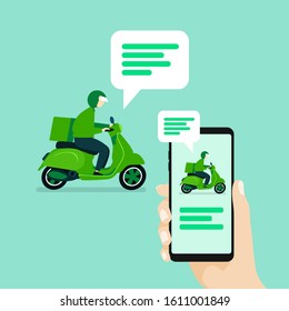 Hand holding smartphone with message notifications. User chat with the delivery man riding scooter.