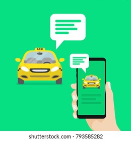 Hand holding smartphone with message notifications and approaching cab. vector