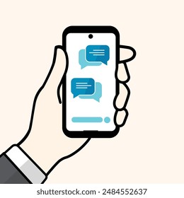 Hand holding smartphone with Messaging App. Vector illustration of mobile communication