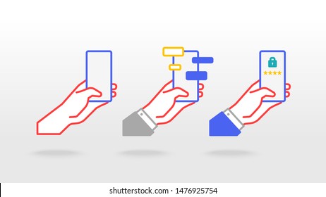 Hand holding smartphone messaging and security sign in icon on screen vector background