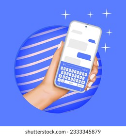 Hand holding smartphone with messenger app. Realistic smartphone mockup. Vector flat cartoon illustration for web sites and banners design.