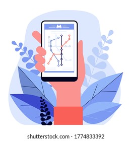 Hand holding smartphone with metro map. Phone, cake, party flat vector illustration. Navigation and digital technology concept for banner, website design or landing web page