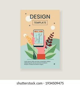 Mano sosteniendo un smartphone con mapa del metro. Teléfono, pastel, ilustración portadora plana de fiesta. Concepto de navegación y tecnología digital para banner, diseño de sitios web o página web de aterrizaje