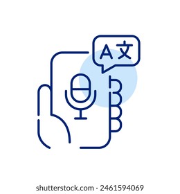 Hand holding smartphone with microphone and languages speech bubble. Translation app, voice recognition. Vector icon