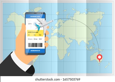 Mano con smartphone con billete de avión para pedido de aplicaciones móviles y ruta de avión en el lugar de destino por encima del mapa del mundo plegado. Turismo empresarial: concepto vectorial de la reserva de tarjeta de embarque en línea