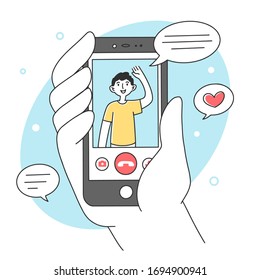 Hand holding smartphone with mobile app flat vector illustration. Happy man waving from cellphone screen. Communication and digital technology concept.