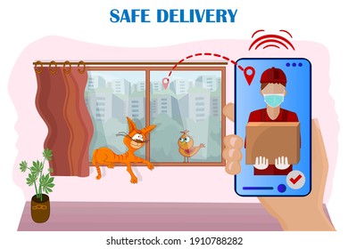 Hand holding smartphone with mobile app for online delivery tracking and order service.Smart technology logistic concept.Courier with box. Stay home. Delivery service in city.Stock vector illustration
