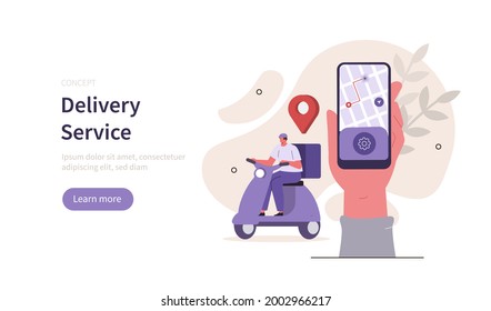 Hand holding smartphone with mobile app for delivery tracking on screen. Courier on scooter delivering parcel box. Smart logistic concept. Flat cartoon vector illustration.