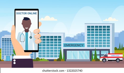 hand holding smartphone mobile application doctor online consultation concept modern hospital building with ambulance car medical clinic exterior cityscape flat horizontal