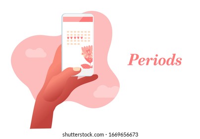 Hand holding smartphone with mobile application. Calendar of menstrual cycle. Personal hygiene vector illustration. 