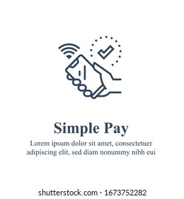 Hand holding smartphone, mobile electronic payment, wireless technology, wi-fi connection, vector line icon