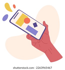 Hand holding smartphone. Mobile gadget in human hand, hand hold phone flat cartoon vector illustration on white background