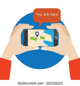 hand holding smartphone with mobile gps navigation on a screen and route with check-in symbols.