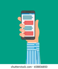 Hand holding smartphone with mobile messaging app. Flat style vector illustration.