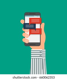 Hand holding smartphone with mobile messaging app. Flat style vector illustration.