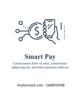 Hand holding smartphone, mobile payment, finance services, online wallet, financial transaction processing, transfer money technology, vector line icon