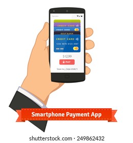 Hand holding smartphone with mobile payment app on screen. Flat style illustration or icon. EPS 10 vector.
