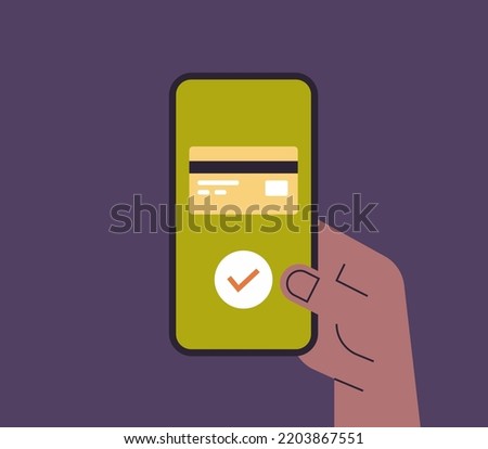Hand holding smartphone for mobile payment with the application and succesfully online payment concept flat vector illustration.