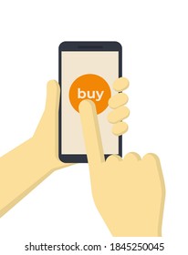 Mano con smartphone con pagos móviles en pantalla. Pagar por clic por moneda virtual. Vector plano para negocios, banners web, diseño de sitios. Ilustración plana del vector