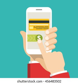 Hand holding smartphone with mobile payments on the screen. Vector flat illustration.