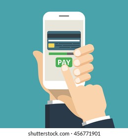 Hand holding smartphone with mobile payments on the screen. Vector flat illustration.
