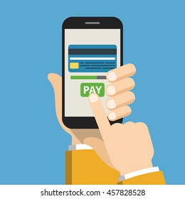 Hand holding smartphone with mobile payments on the screen. Vector flat illustration.