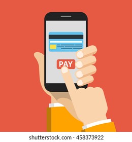 Hand holding smartphone with mobile payments on the screen. Vector flat illustration.