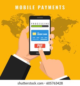 Hand holding smartphone with mobile payments on the screen. World map on the background. Vector flat illustration.