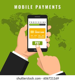 Hand holding smartphone with mobile payments on the screen. World map on the background. Vector flat illustration.