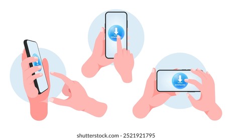 Mano que sostiene el teléfono inteligente y el teléfono móvil: Botón de Descarga de toque con el dedo para la Descarga y el uso compartido de archivos. Vector.