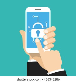 Hand holding smartphone with mobile security on screen. Vector flat illustration.