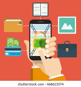 Hand holding smartphone with mobile security on screen. Vector flat illustration.